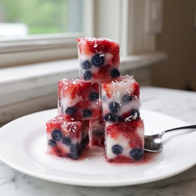 Sparkling water brightened with Red White And Blue Ice Cubes Recipe, zesty bubbles.
