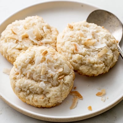 Soft and buttery coconut cookies with golden edges cooling on a wire rack