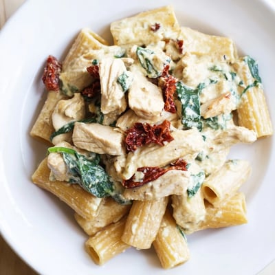 One pan Tuscan chicken pasta with sun-dried tomatoes and parmesan sauce.  